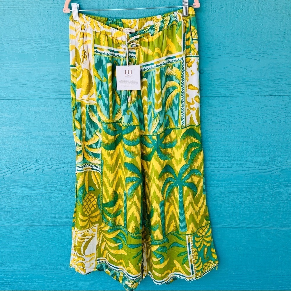 Haute Hippie SILKY TROPICAL PINEAPPLE Flowy Wide Leg Pants SIZE LARGE NWT